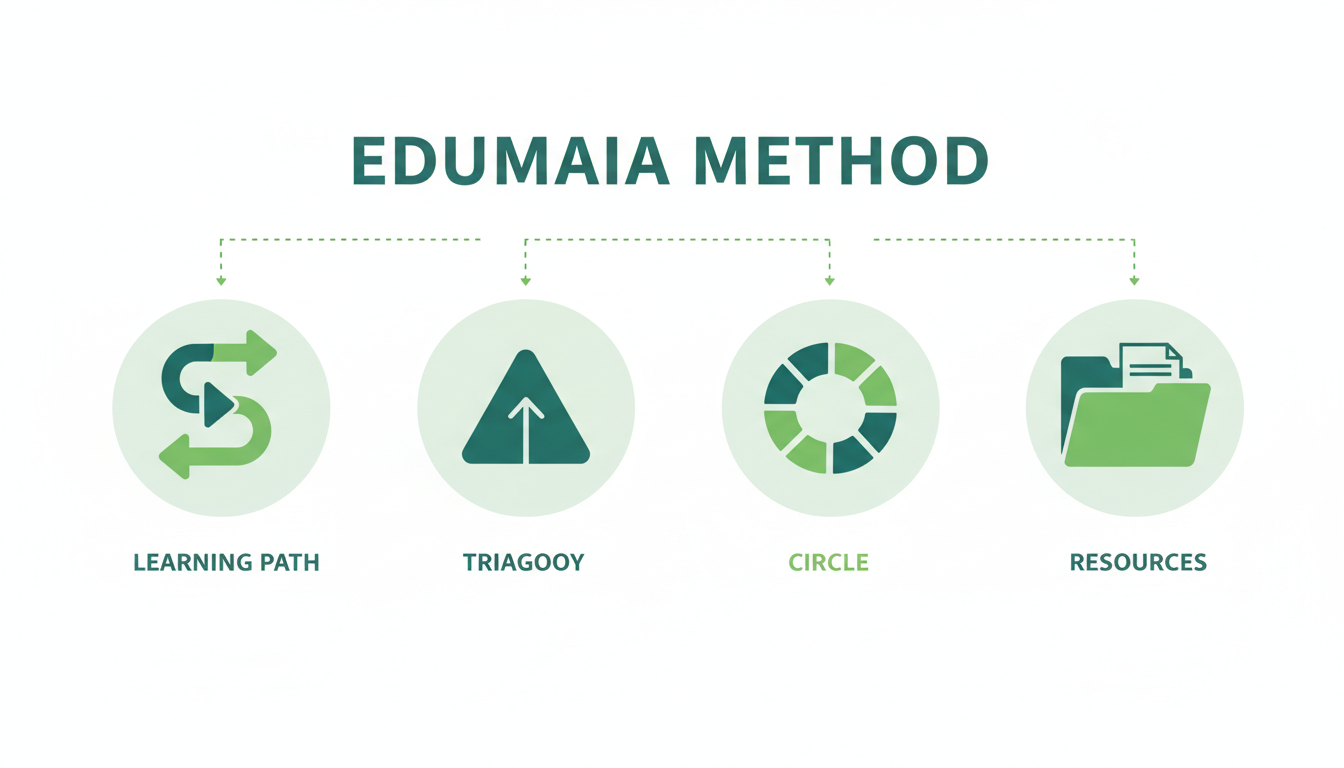 Los cuatro elementos del método Edumaia: ruta, triángulo, círculo y carpeta de aprendizaje.